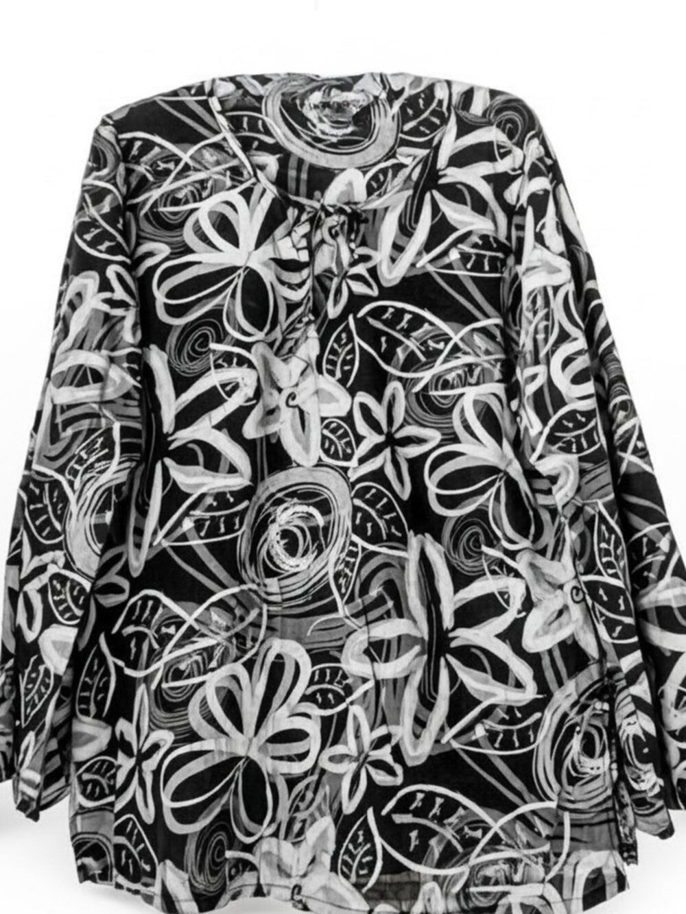 Fresh Produce XL Black White Floral Top Tie Long Sleeve Tunic
